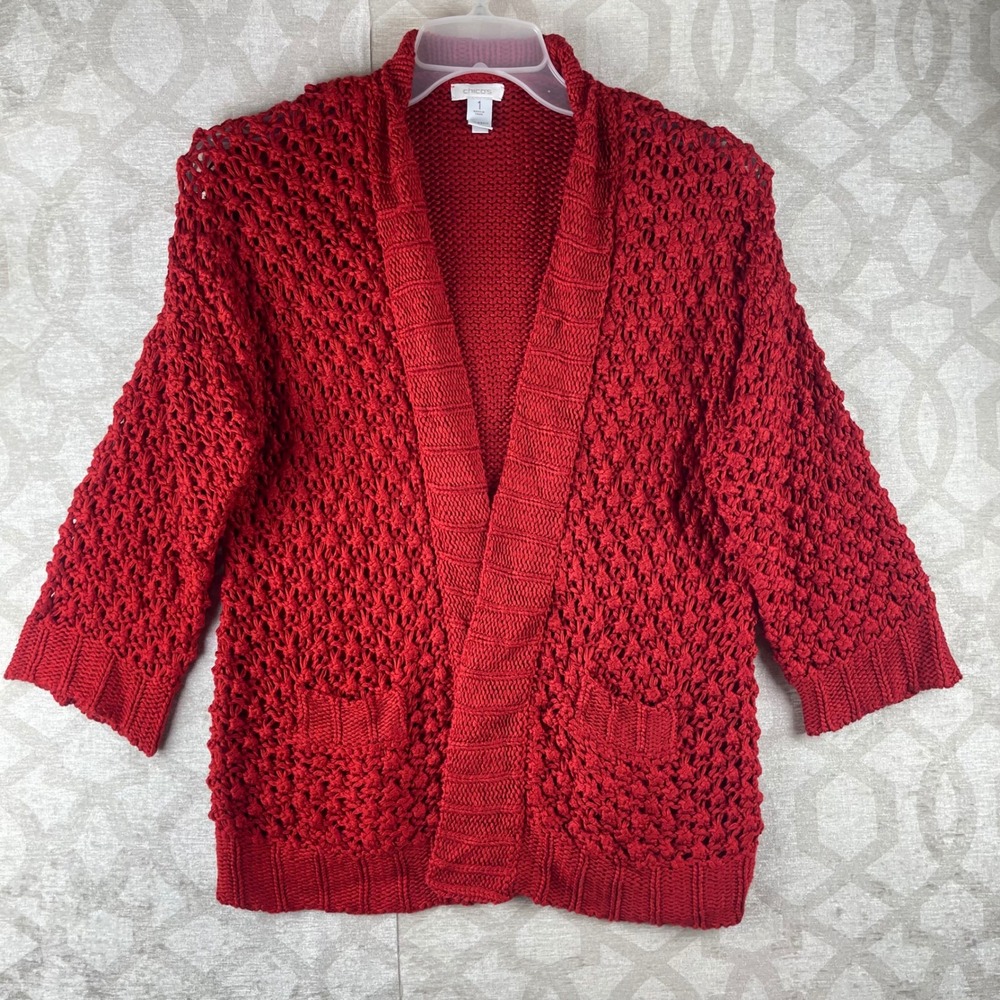 Chicos Open Knit Cardigan Womens 1 Medium Red Excellent 3/4 Sleeve Shawl Collar